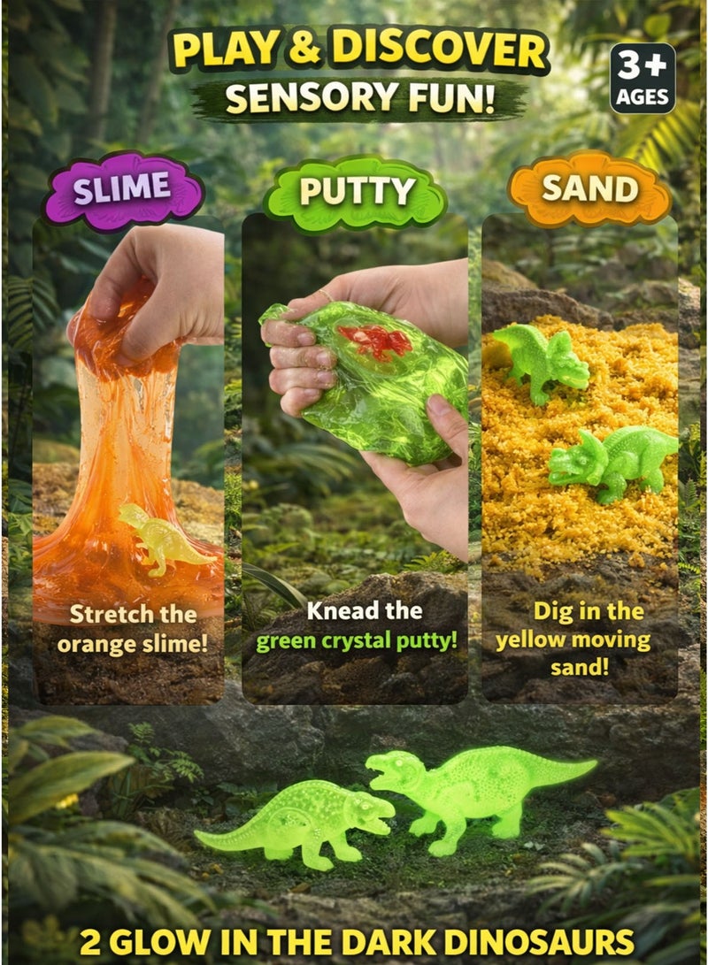 فريق عظيم مجموعة Greateam Dinosaurs World الحسية المكونة من 3 بيضات سلايم برتقالي قابل للتمدد عجينة كريستالية خضراء ورمل متحرك أصفر مع 2 مجسم ديناصور يضيئان في الظلام طقم سلايم مطاطي للأطفال 3+ سنوات لعبة حسية مستوحاة من عالم الديناصورات لعبة تعليمية آمنة معتمدة EN71 للأطفال أفضل هدية لرمضان - Image 3